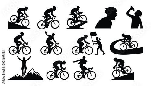 Fotografía Cycling athlete and race silhouette set for bicycle sport training, endurance co