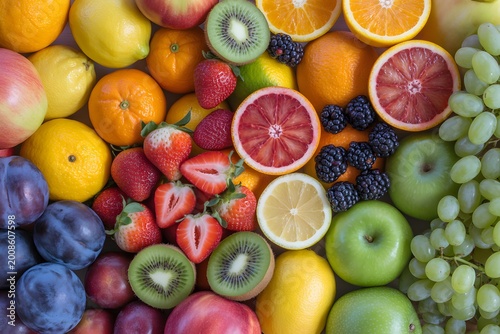 Colorful fresh fruit medley featuring citrus plums berries grapes and tropical kiwi slices