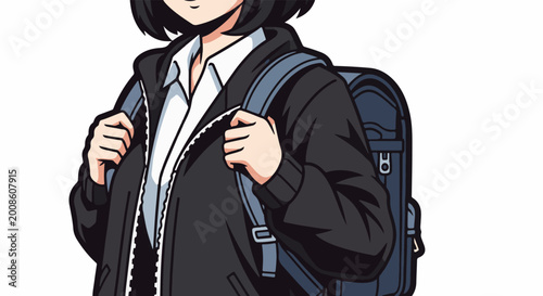 Anime student with backpack, wearing a dark jacket and white shirt