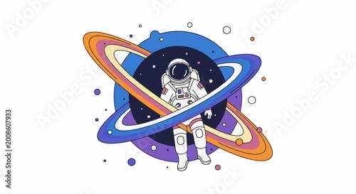 Astronaut floats serenely amidst colorful rings and distant celestial bodies