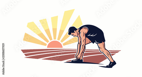 Athlete ties shoes at sunrise, preparing for a race on a track