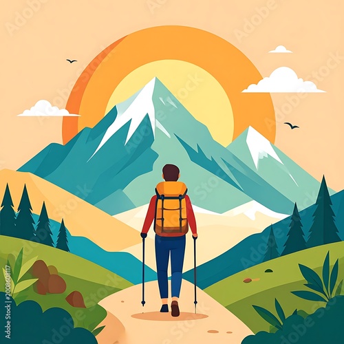Hiker standing on mountain trail path.