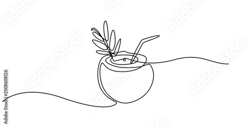 Animated self drawing of continuous line draw of whole and sliced healthy sweet organic coconut for orchard logo identity. Fresh fruitage concept for fruit garden icon. 4k one line animation