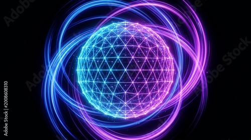 a luminous plexus sphere Neon-blue and purple geometric energetic blue and magenta light streaks against a dark, cosmic background.