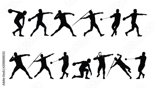 Принти на полотні Track and field throwing athlete silhouette set for discus, javelin, shot put sp