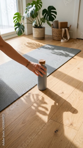 Hand placing water bottle on yoga mat at home