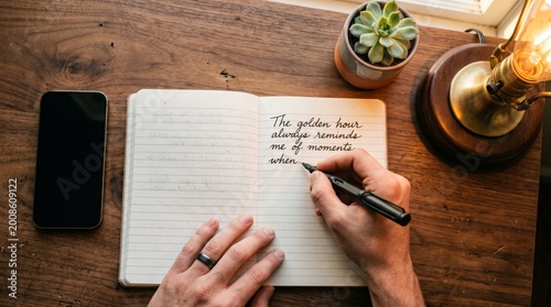 Hand writing in notebook on wooden desk flat lay