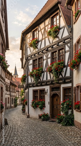 half-timbered house narrow alleyway cobblestone street old town picturesque european village historical flowers sunset