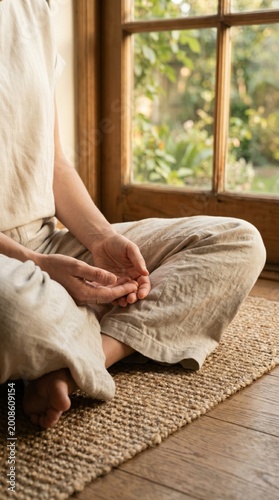 meditation woman sitting by window mindfulness yoga zen home wellness peace relaxation morning sunlight mental health