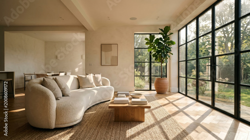 Minimalist Living Room Interior Design with Organic Sofa Large Black Windows and Bright Natural Sunlight Aesthetic