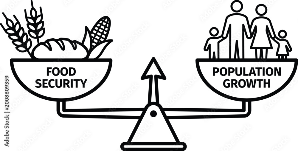 Fototapeta premium Balance scale showing food security and population growth Vector World Population Day
