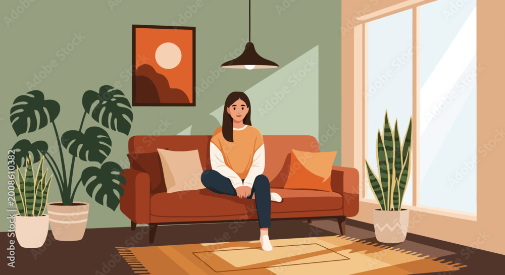 Fototapeta premium Young woman sitting on a couch in a living room.