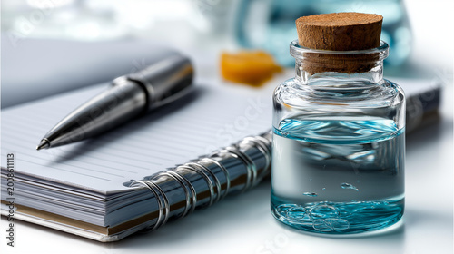 A glass vial of well water placed on a clean lab bench beside a notebook and pen for impurity analysis, well water, vial, lab bench, water analysis, environmental study, science, professional,