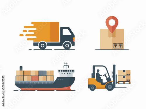 Set of logistics and shipping icons including truck cargo ship forklift and package with location pin flat vector design for delivery services