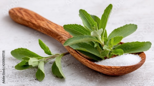 Wooden spoon holding fresh stevia leaves and powdered stevia
