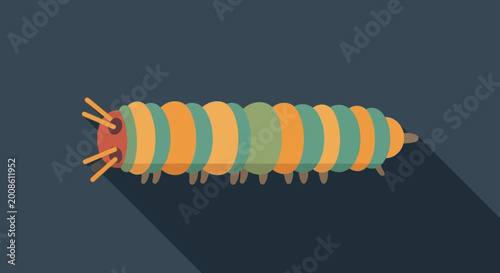 Fotografía Colorful Caterpillar Insect Illustration, Flat Design, Long Shadow, Dark Backgro