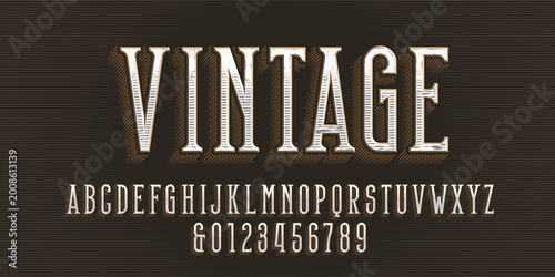 Vintage scratched alphabet font. Distressed letters and numbers on a dark background. Retro vector typeface for labels, headlines, posters, and hipster typography design.