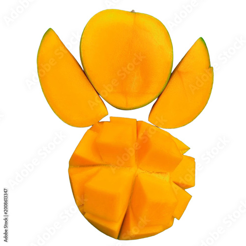 Ripe mango, apricots and starfruit with citrus fruits isolated on white background, fresh tropical fruit assortment, juicy healthy dessert closeup with leaves and slices