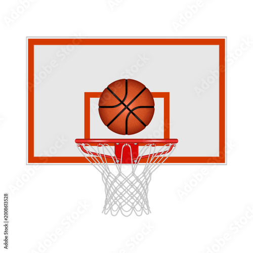 Realistic basketball hoop with a backboard and an orange ball flying towards the net front view vector 3d mockup, isolated on a white background for sports equipment catalog and game poster.