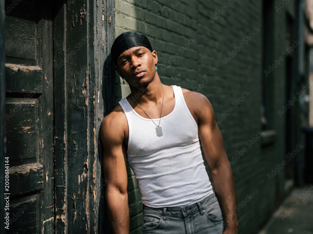 Naklejka premium Confident young man in white tank top leaning against urban wall in street style portrait