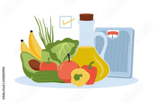 Illustration of Mediterranean Diet with Fresh Fruits and Olive Oil. Still life illustration of healthy Mediterranean food including olive oil, avocado, fresh vegetables, fruits, and a weight scale