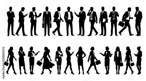 Professional business people silhouettes collection showing diverse men and women in formal attire standing and walking in this detailed vector graphic set