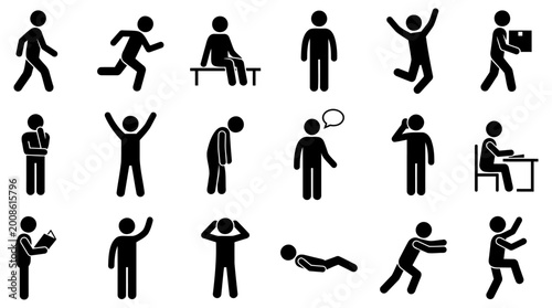 Diverse collection of black stick figure icons showing various human poses and daily activities for modern web design and mobile application interfaces