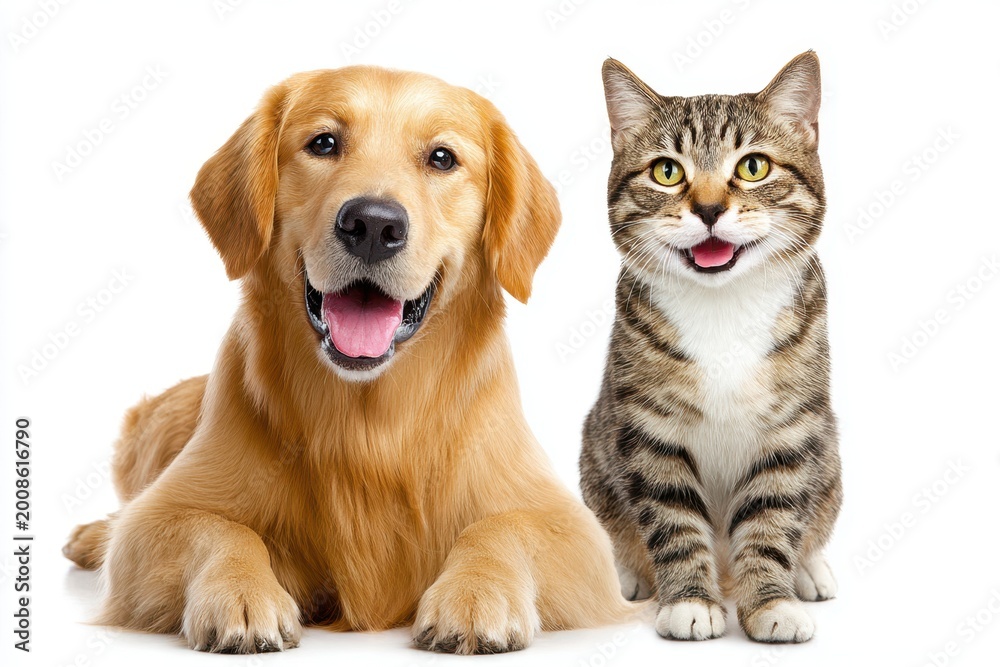 Fototapeta premium Happy dog and cat sit together, looking at camera with warm, friendly expressions