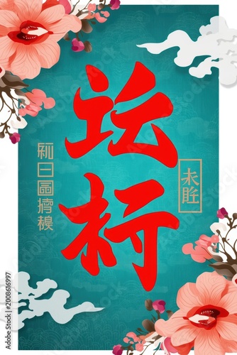 Traditional chinese calligraphy art poster with red bold characters and elegant floral decorations on a blue textured background