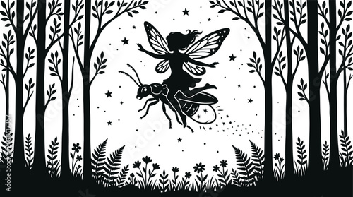 Fairy Riding Firefly in Forest
