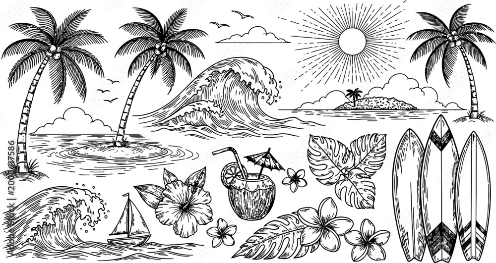 Obraz premium Tropical Beach Scene Elements Collection Hand Drawn Style.