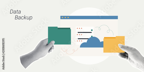 Trendy Halftone Collage of two halftone hands holding folders with cloud storage and a document screen, symbolizing data backup and file management, ideal for technology and IT content.