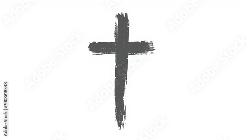A hand drawn black christian cross symbol with a rough brush stroke texture