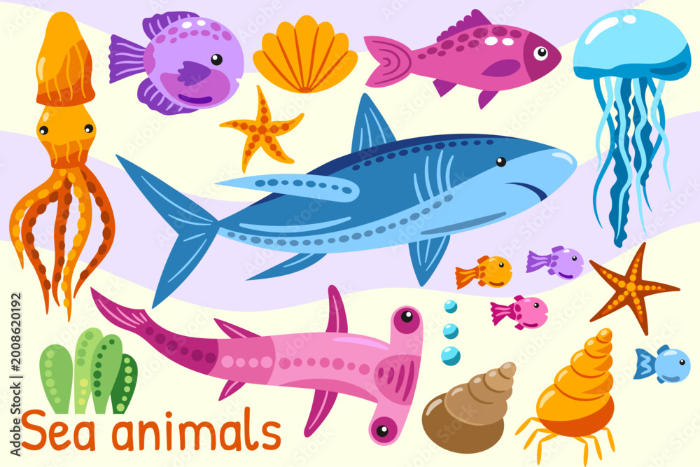 Fototapeta premium Sea Animals Illustration with Shark, Cute Marine Life Set for Children Design
