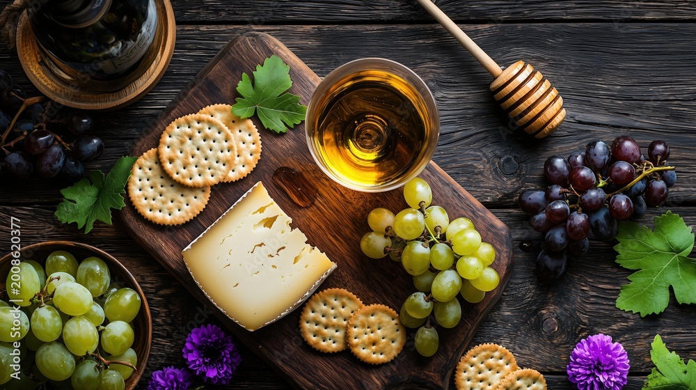 Fototapeta premium National Chardonnay Day: Top-down flat lay of chardonnay wine glass and bottle surrounded by gourmet cheese, fresh grapes, honey, crackers and flowers on aged wooden board