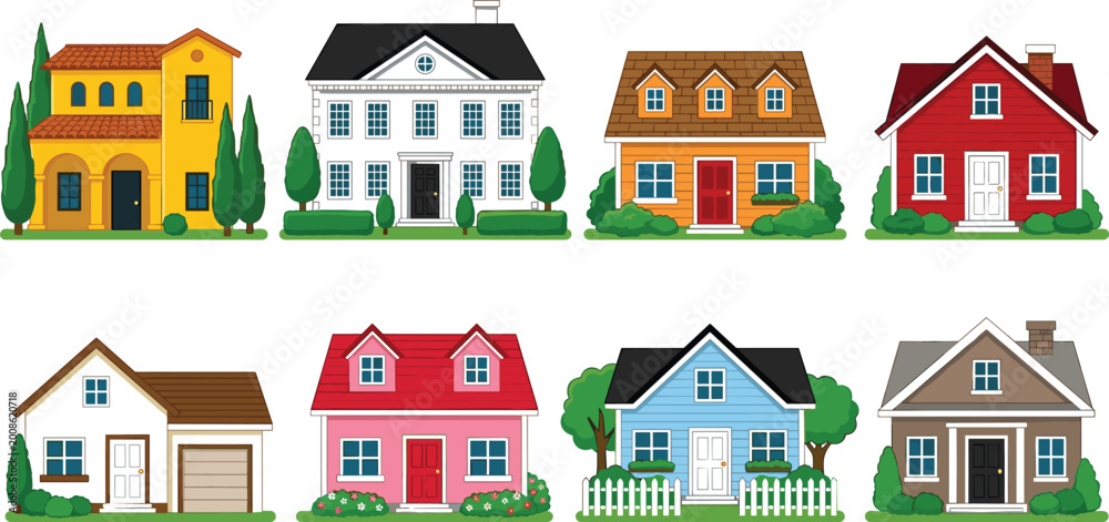 Fototapeta premium Colorful Cartoon Residential House Collection with Various Architectural Styles Gardens and Trees on White Background