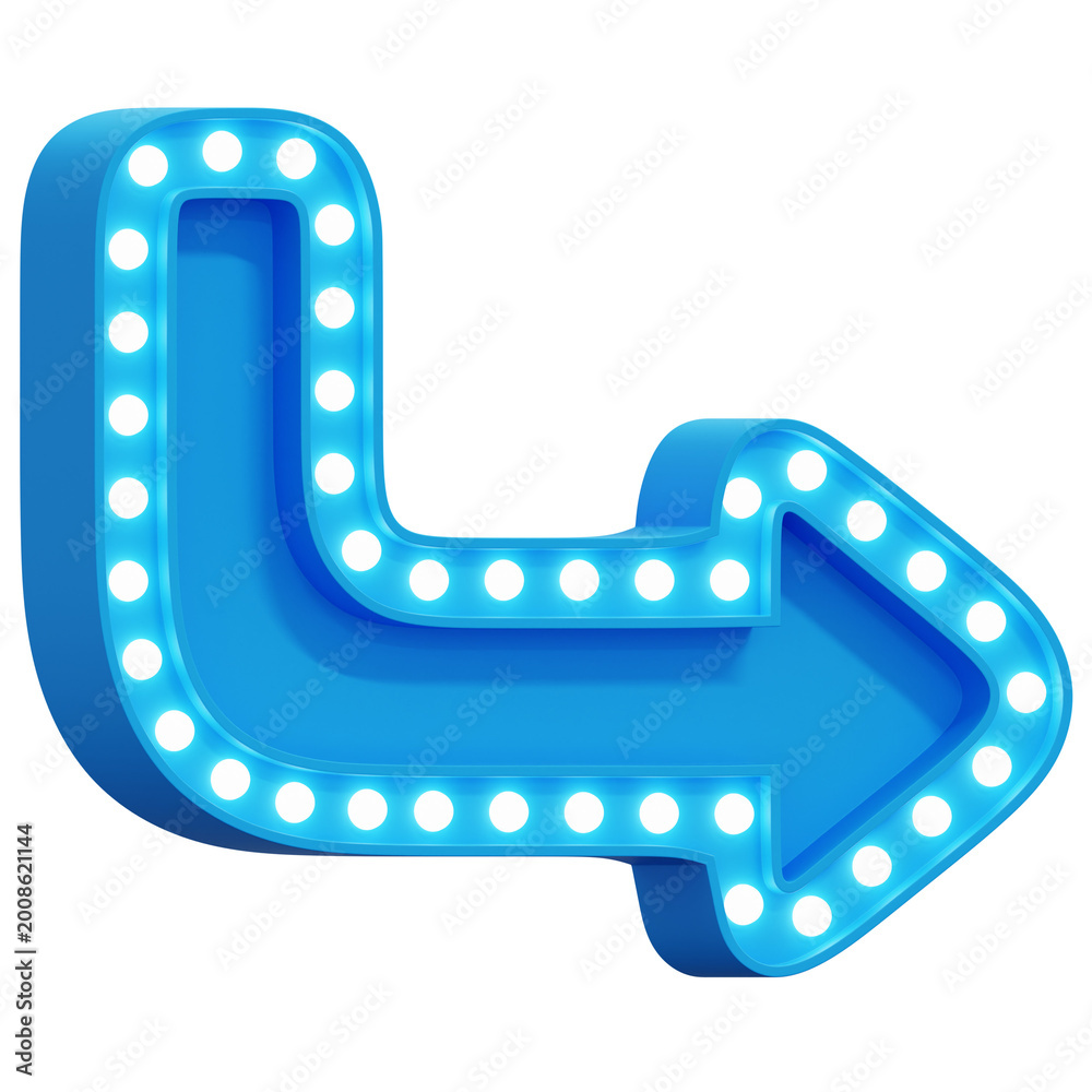 Fototapeta premium 3D Blue Right Bend Arrow Marquee Light Sign Board Side View