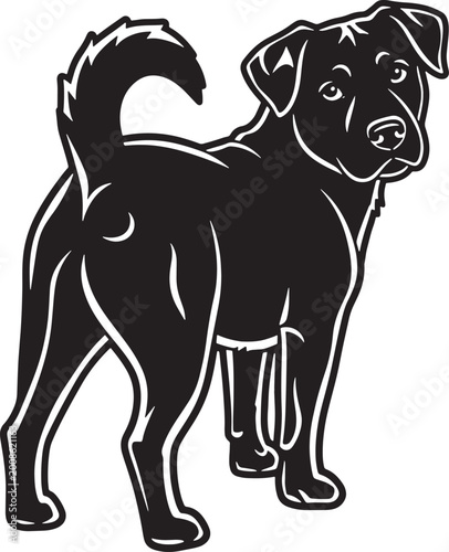 Black and white line drawing of a standing dog with floppy ears