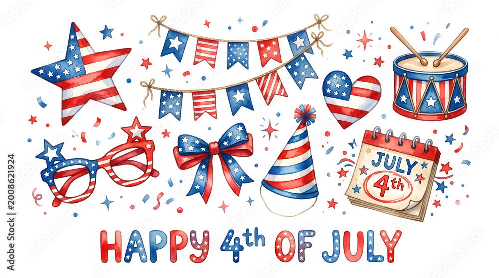 Obraz premium Festive 4th of july watercolor illustration with patriotic elements isolated on transparent background