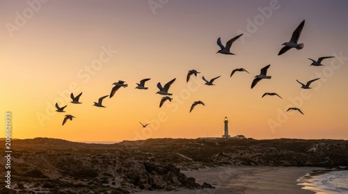 Flock of seabirds flying at sunset, travel setting, commercial stock appeal, balanced composition, realistic lighting, crisp focus, refined atmosphere, polished finish, marketable destination mood,
