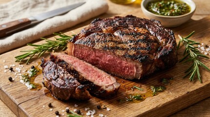 Juicy grilled steak with rosemary and spices on a cutting board, gourmet meat presentation, rich sear and savory detail, no logos