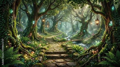 Enchanting forest view with a pathway in a fantasy world, immersive woodland scene with magical depth, commercial stock appeal, balanced composition, soft natural light, realistic texture, crisp