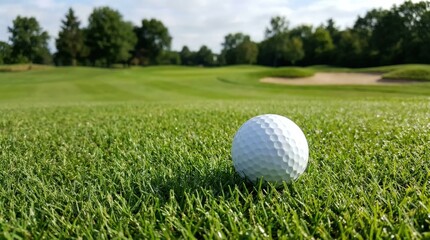 Golf ball resting on green grass on a golf course, ready to play sports concept with crisp turf texture and clean composition, natural daylight, realistic detail, no logos