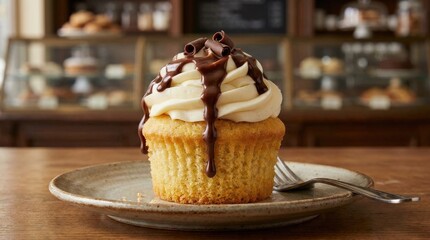 Delicious vanilla cupcake with chocolate drizzle, sweet bakery treat with creamy frosting and rich dessert texture, close up presentation, soft studio lighting, appetizing realism, no logos