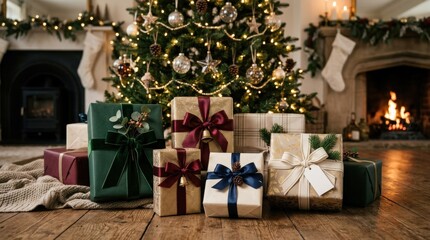 Elegantly wrapped gifts with decorative bows, festive celebration or holiday present arrangement with refined styling, soft light, realistic detail, no logos