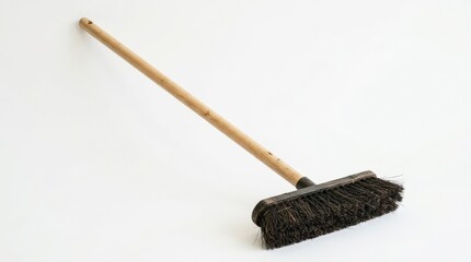 Broom with a wooden handle and dark bristles on a white background, simple household cleaning tool with clean minimal presentation, no logos
