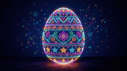 Abstract Easter egg shape made of blinking colorful dots on dark blue background, festive spring holiday design, digital pixel-inspired form, vibrant luminous composition, no logos