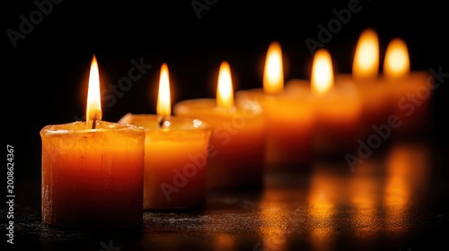 Close up of multiple burning candles with warm orange flame on dark background