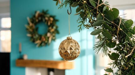 Textured gold bauble hanging from leafy branch against turquoise wall, contemporary holiday decor concept with modern styling and soft depth of field, no logos