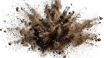 Large ground dust and soil explosion isolated on a white background, dynamic impact burst with flying dirt and debris, clean cutout style presentation, realistic detail, no logos